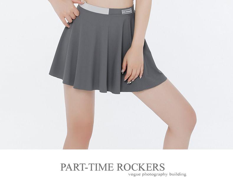 Set: Short-Sleeve Two Tone Knot Crop Swim Top + Skirt + Bikini Bottom Product Image