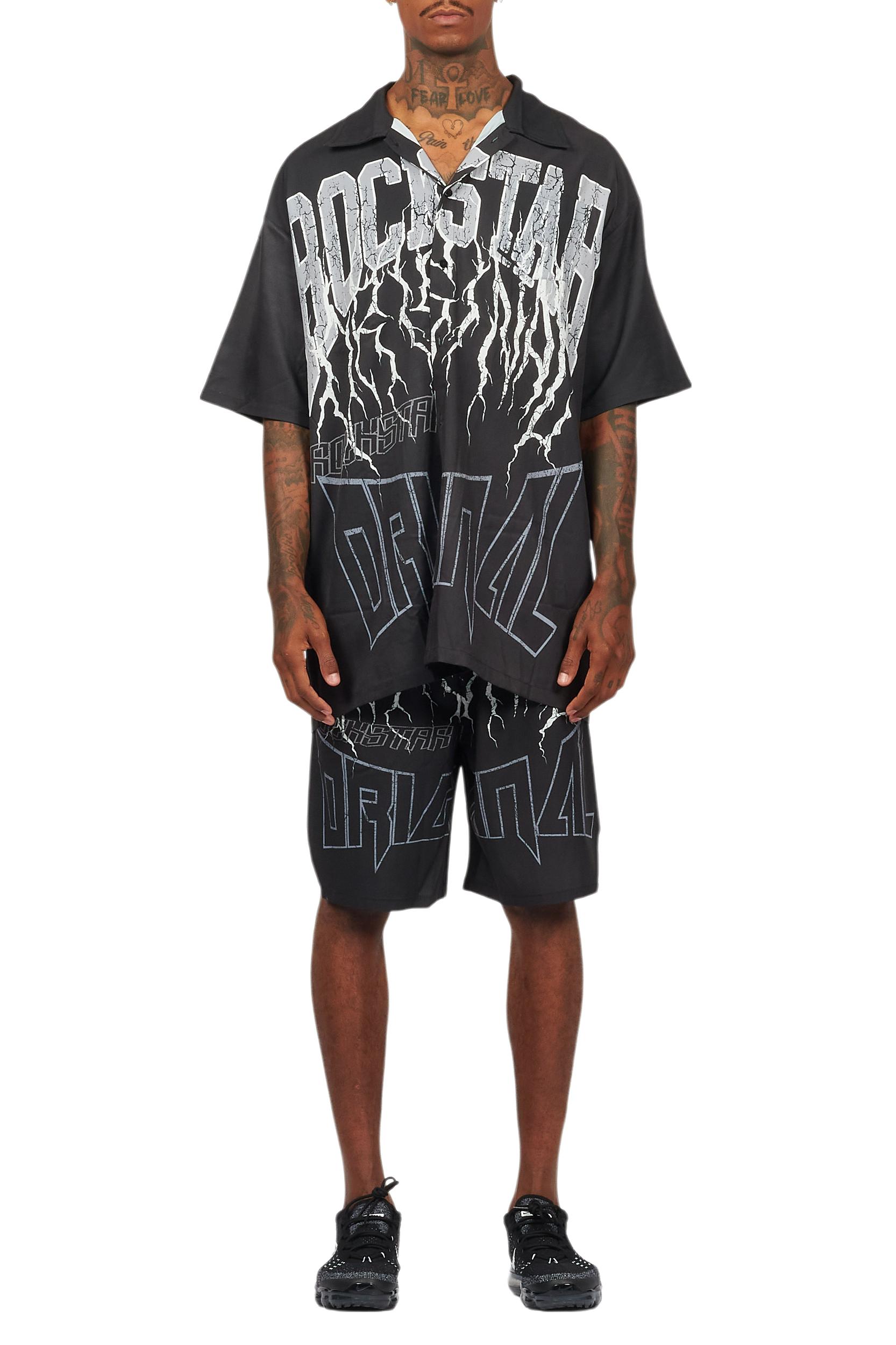 Hustle Black Button Down Short Set Male Product Image