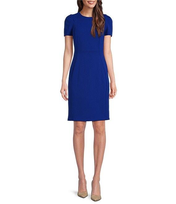 Calvin Klein Short Pleated Sleeve Crew Neck Sheath Dress Product Image