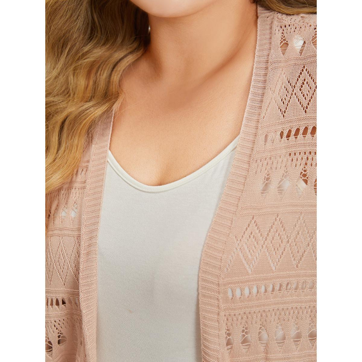 Plus Size Plain Geometric Eyelet Batwing Sleeve Open Front Cardigan Apricot Women Casual Short sleeve Everyday Cardigans BloomChic 28/5X Product Image