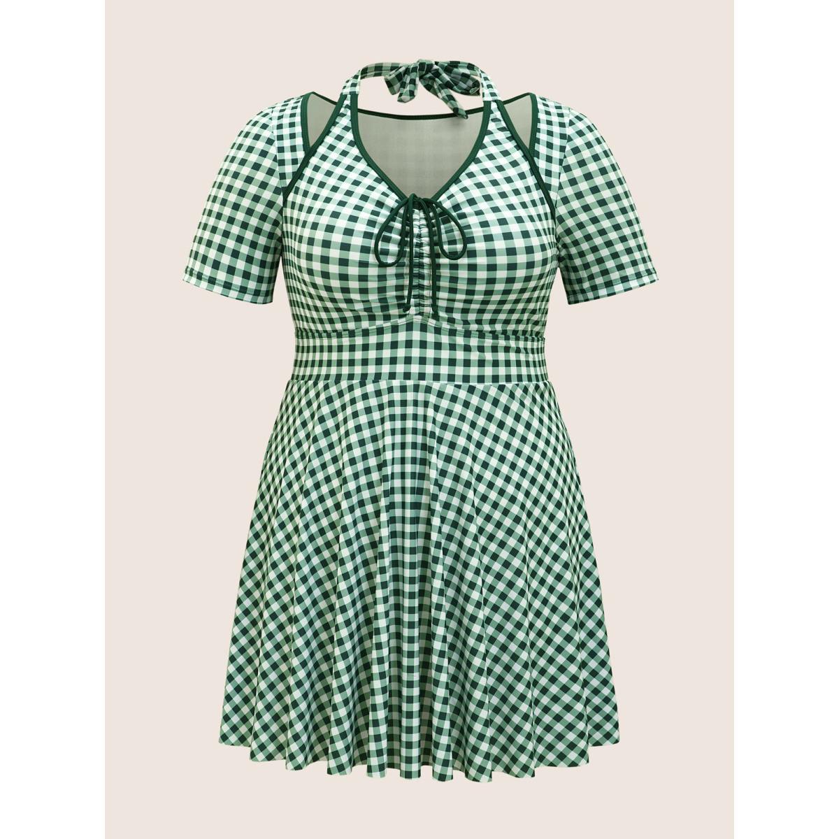 Plus Size Gingham Patchwork Drawstring Tie Knot Swim Dress Women's Swimwear Truegreen Beach Bodycon V-neck High stretch Curve Swim Dresses BloomChic 14-16/1X Product Image