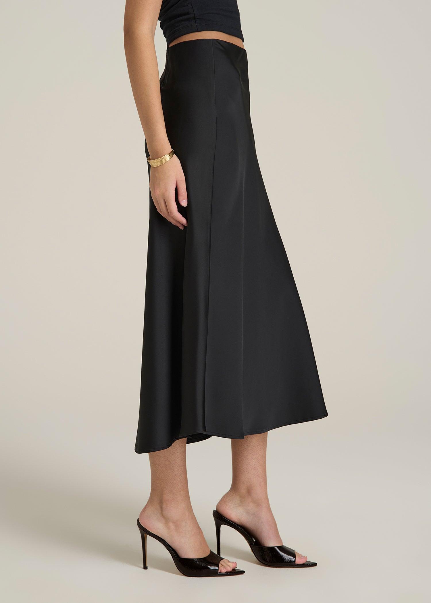 Pull-On Satin Midi Skirt for Tall Women in Black Female Product Image