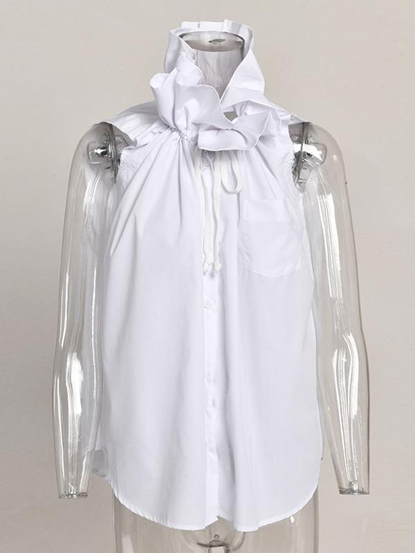 Loose Sleeveless Buttoned Drawstring Pleated Solid Color Stand Collar Vest Top Product Image