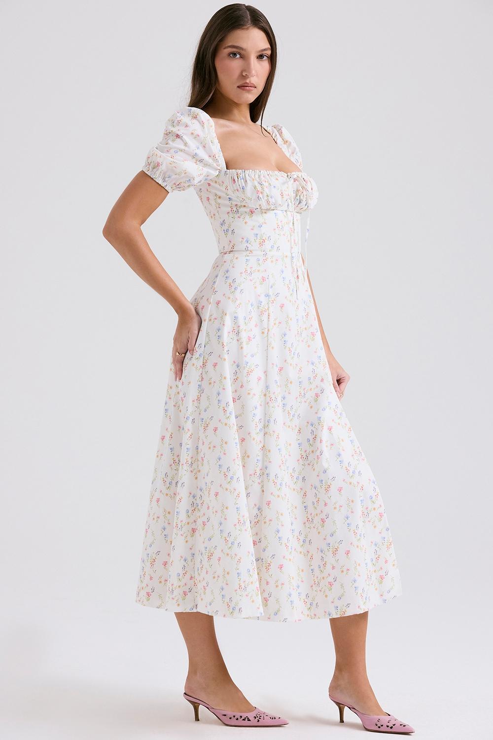 Tallulah  white posy print cotton puff sleeve midi sundress Product Image