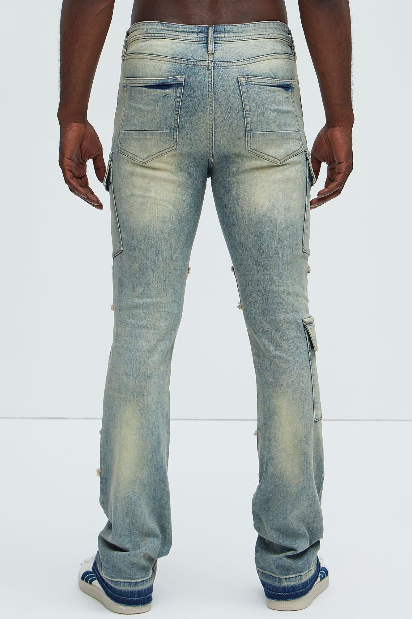 Side Snap Cargo Stacked Skinny Flare Jeans - Medium Wash Product Image
