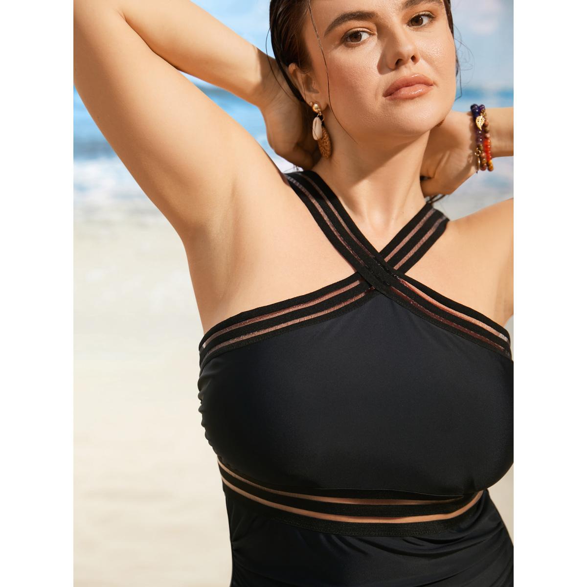 Plus Size Overlap Collar Patchwork Mesh Gathered One Piece Swimsuit Women's Swimwear Black Beach Woven ribbon&lace trim Curve Bathing Suits High stretch One Pieces BloomChic 14-16/1X Product Image