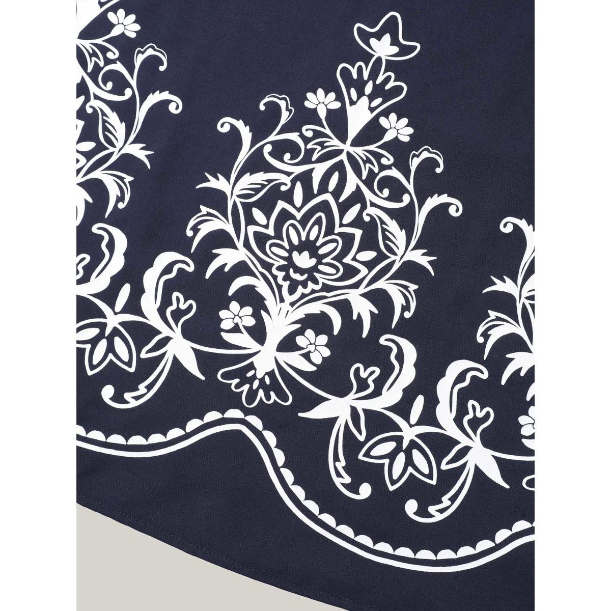 Plus Size Indigo Floral Print Round Neck Ruffled Sleeve Shirt Women Elegant Short sleeve Round Neck Everyday Blouses BloomChic 30/6X Product Image