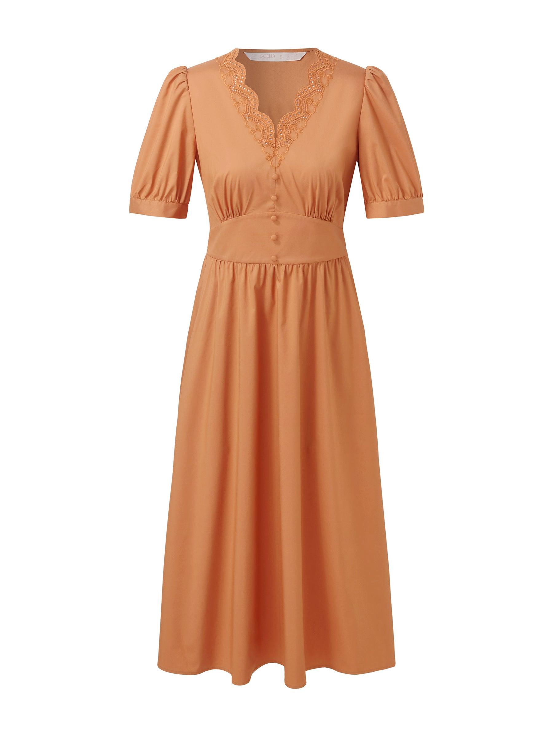 Embroidered Scallop Hem V-Neck Women Gathered Waist Maxi Dress Product Image