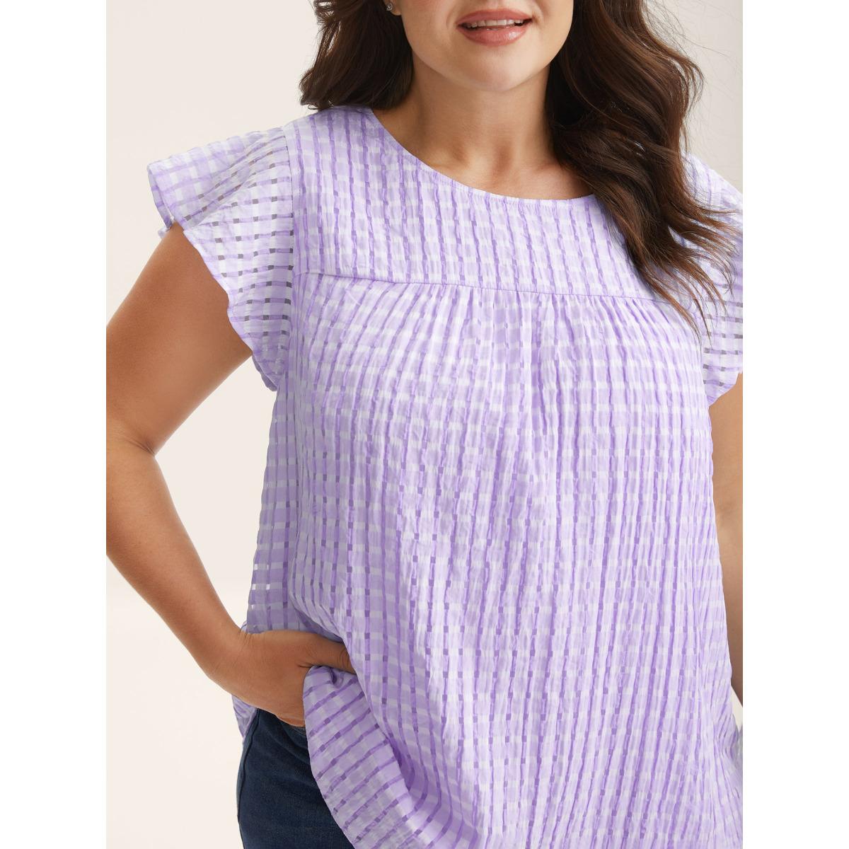 Plus Size LightBlue Textured Sheer Lined Flutter Sleeve Blouse Women Leisure Cap Sleeve Round Neck Casual Blouses BloomChic 30/6X Product Image