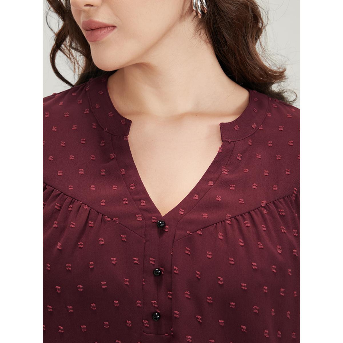 Plus Size Burgundy Polka Dot Button Detail Lantern Sleeve Arc Hem Blouse Women Office Long Sleeve V-neck Work Blouses BloomChic 10/M Product Image