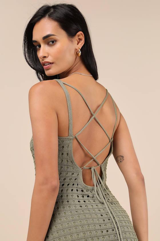 Ventura Vision Olive Green Crochet Lace-Up Midi Dress Product Image