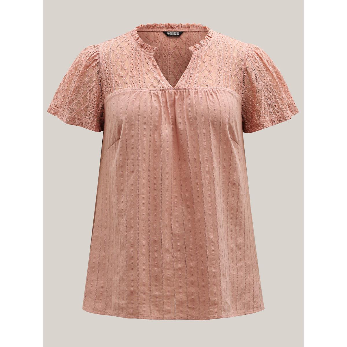 Plus Size Crepe Sheer Notched Collar Textured Spliced Blouse Women Short sleeve Notched collar Everyday-Elegant Blouses BloomChic 22-24/3X Product Image