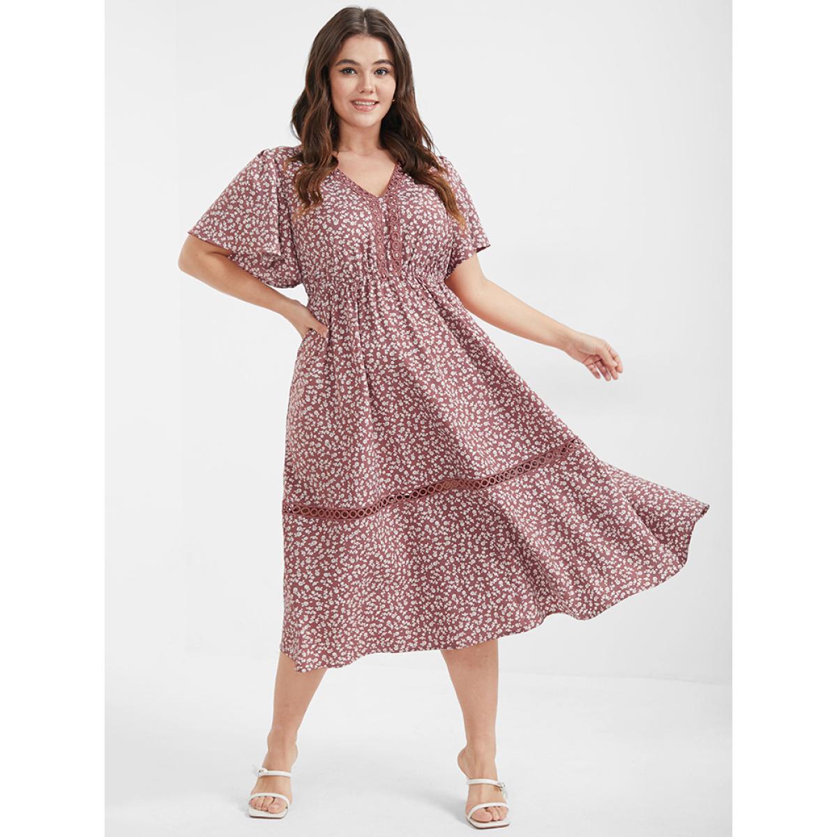 Plus Size Ditsy Floral Crochet Lace Ruffled Midi Dress Pink Women Elegant Patchwork V-neck Short sleeve Curvy Midi Dress BloomChic 10/M Product Image