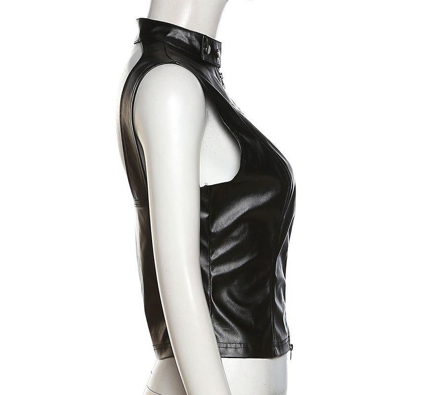 Stand Collar Plain Faux Leather Zip Vest Product Image