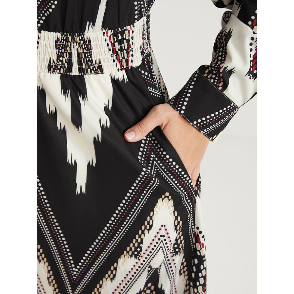 Plus Size Geometric Shirt Collar Pocket Button Up Shirred Dress Black Women Elegant Printed Shirt collar Long Sleeve Curvy Long Dress BloomChic 30/6X Product Image