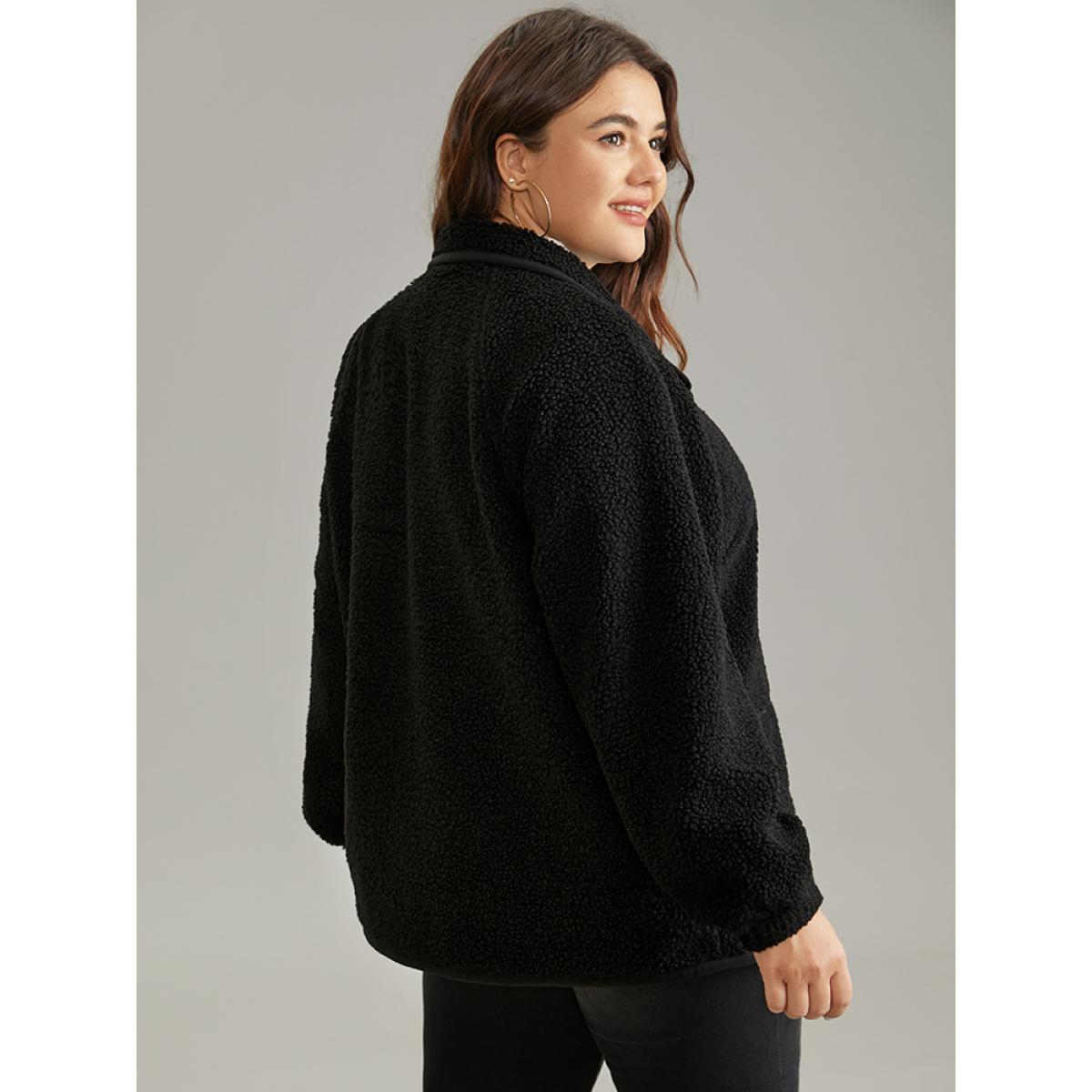 Plus Size Solid Button Through Teddy Coat Women Black Casual Lined Ladies Dailywear Winter Coats BloomChic 12/L Product Image