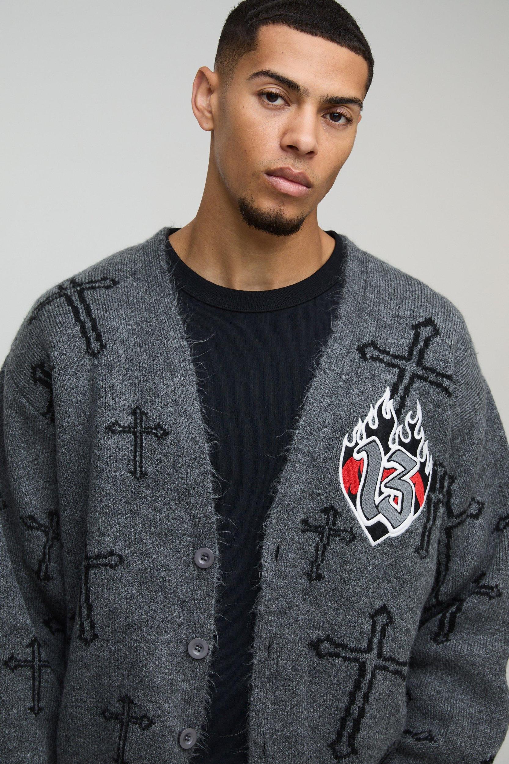 Oversized Boxy Cross Graphic Brushed Knitted Cardigan | boohooMAN USA Product Image