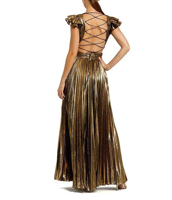 Mac Duggal Ruffle Sleeve Lace Back Pleated Metallic Aline Gown Product Image