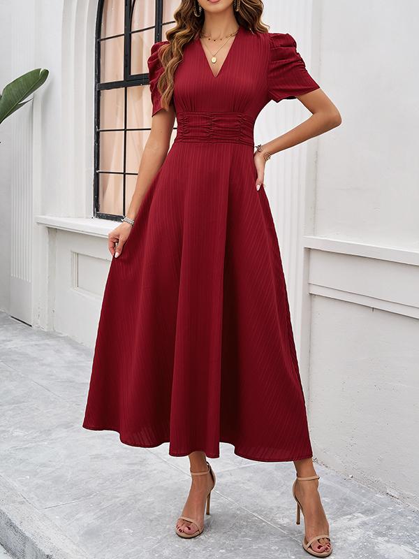 A-Line High Waisted Pleated Solid Color Zipper V-Neck Maxi Dresses Product Image