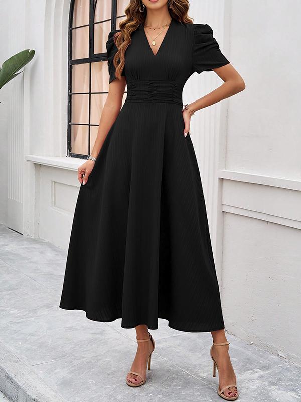 A-Line High Waisted Pleated Solid Color Zipper V-Neck Maxi Dresses Product Image
