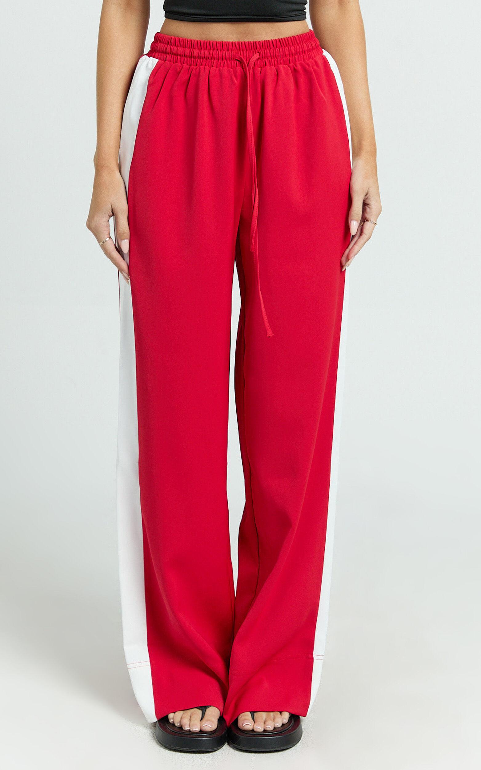 Davi Pants - Drawstring Waist Contrast Panel Tailored Pants in Red Product Image