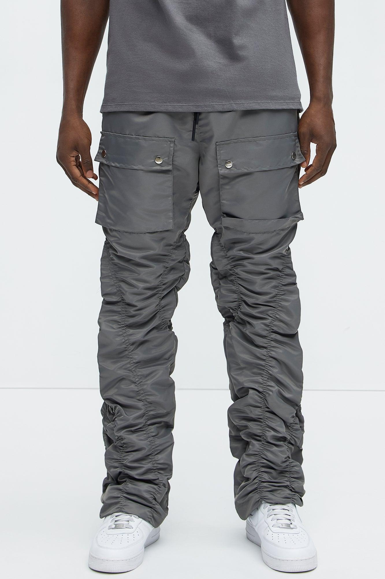 Scrunched Flared Nylon Cargo Pants - Charcoal Product Image