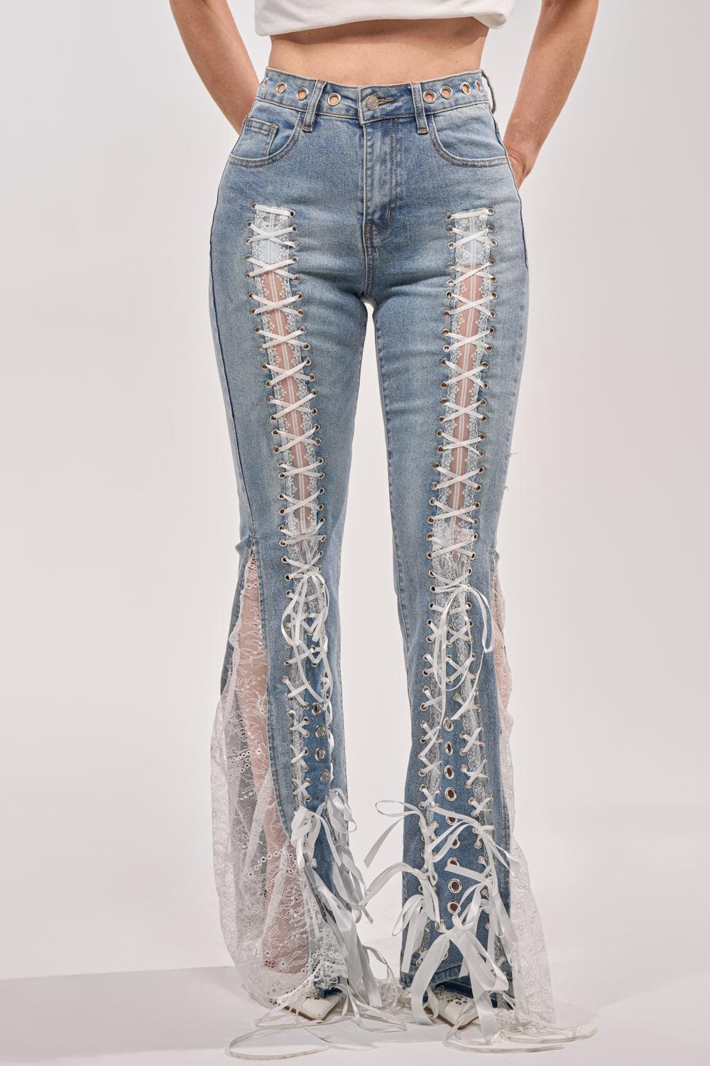 LOVE ME LIKE THAT LACE UP FLARE DENIM Product Image