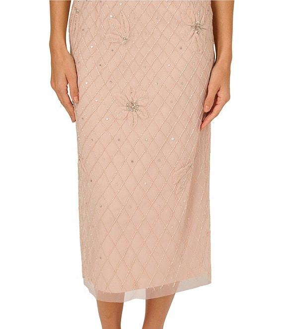 Adrianna Papell Illusion Neck Bead Mesh Column Midi Dress Product Image