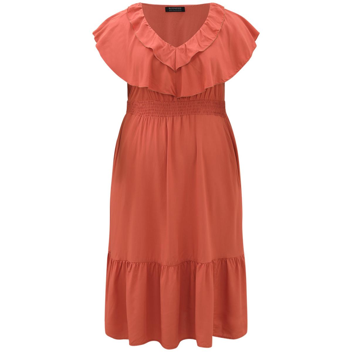 Plus Size Solid Pocket Ruffle Trim Layered Shirred Dress Coral Women Vacation Plain V-neck Sleeveless Curvy Midi Dress BloomChic 30/6X Product Image