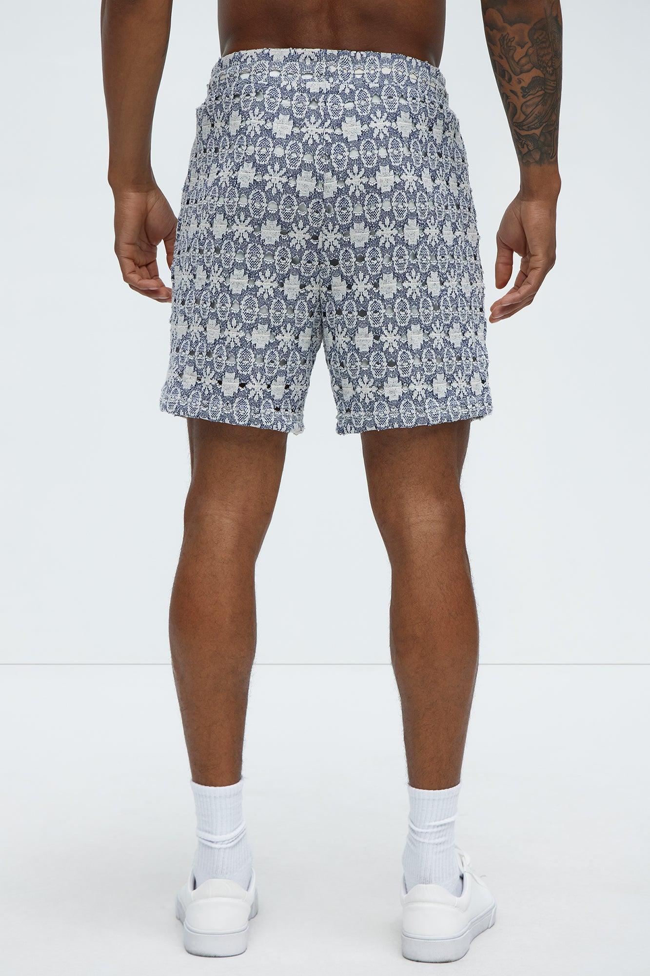 Patterned Open Knit Shorts - Blue/combo Product Image