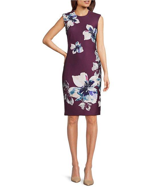 Calvin Klein Crew Neck Floral Scuba Crepe Sheath Dress Product Image