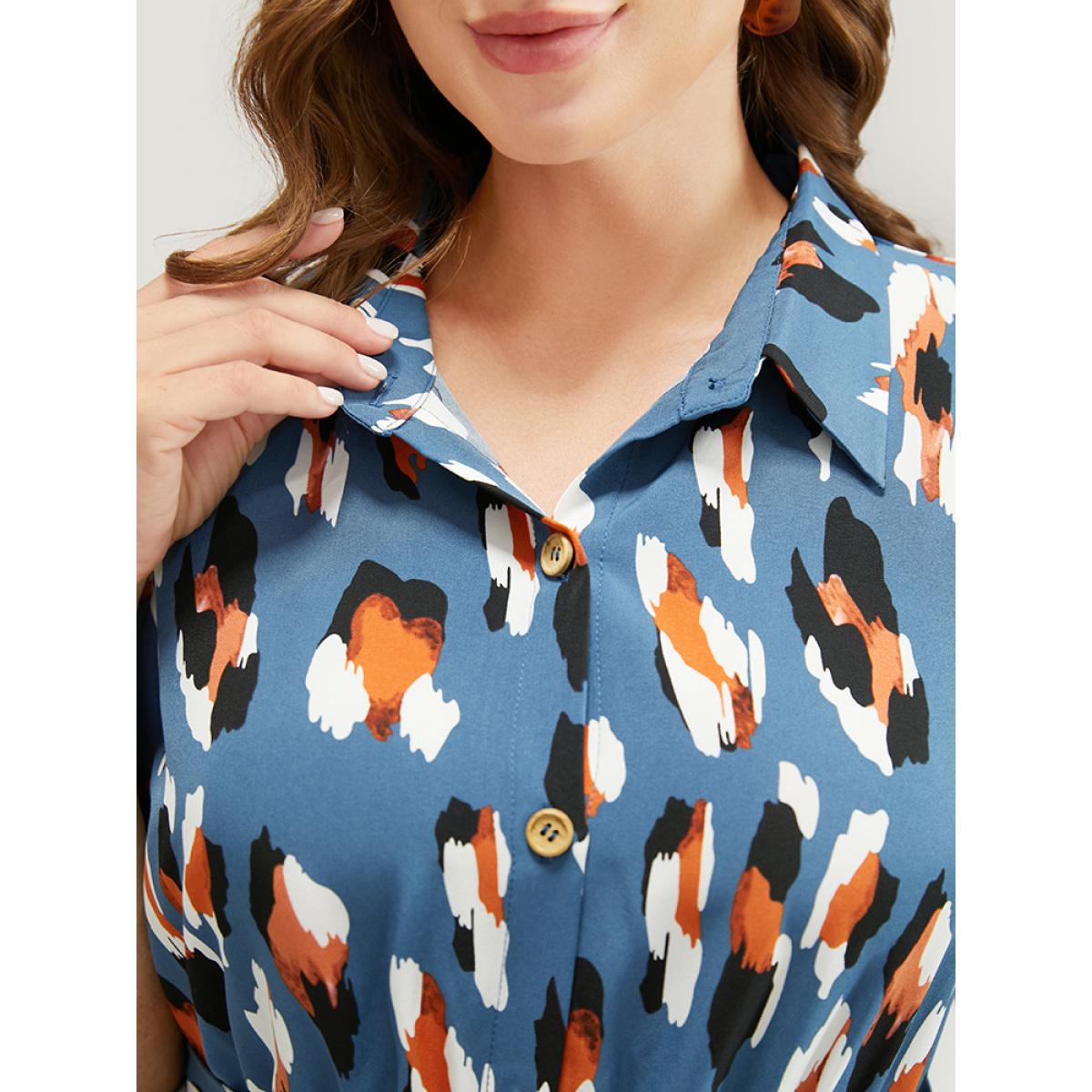 Plus Size Allover Print Button Detail Pocket Belted Arc Hem Dress Stone Women Office Cross straps Shirt collar Short sleeve Curvy Midi Dress BloomChic 10/M Product Image