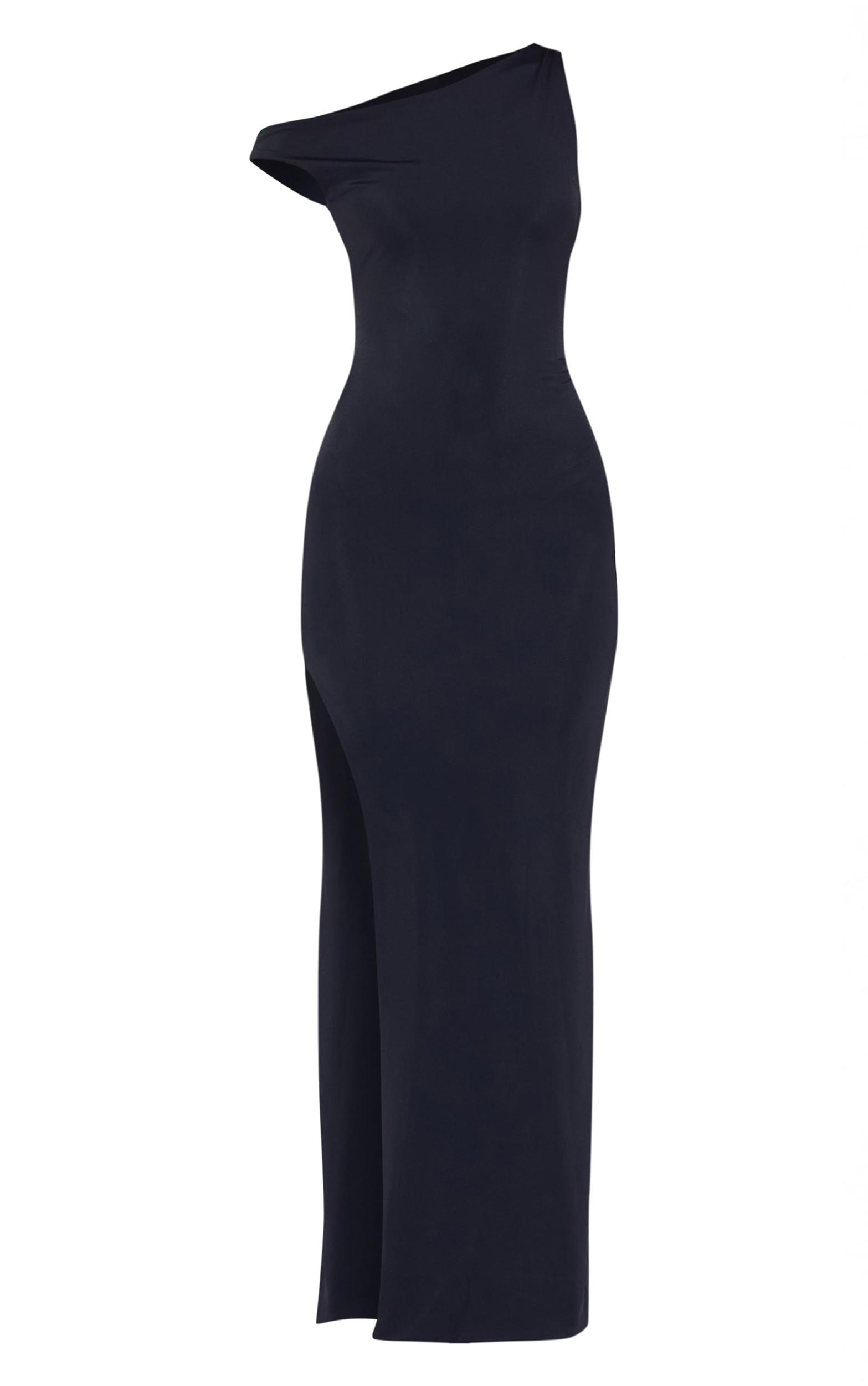 Black Matte Sculpt Asymmetric Neck Maxi Dress Product Image