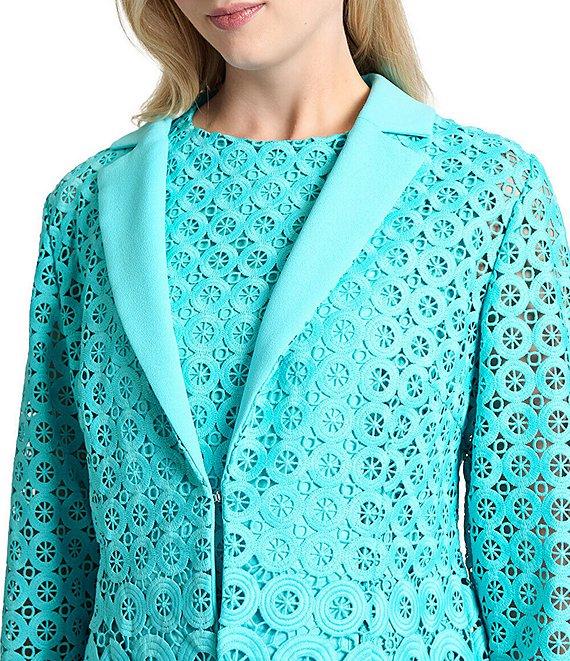 Ming Wang Eyelet Lace Cutout Notch Lapel V-Neck Long Sleeve Jacket Product Image