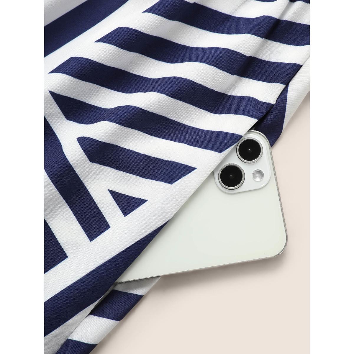 Plus Size Striped Notched Collar Belted Midi Dress DarkBlue Women At the Office Belted Notched collar Half Sleeve Curvy BloomChic 28/5X Product Image