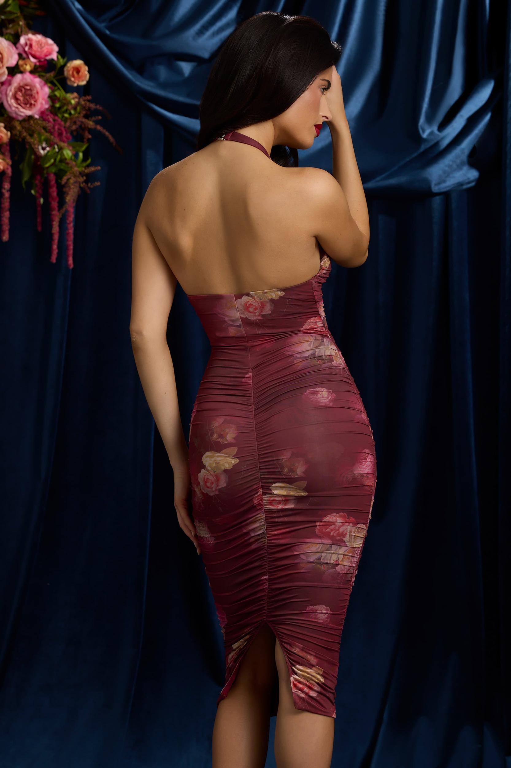 Ruched Plunge Halterneck Midi Dress in Maroon Floral Print Product Image