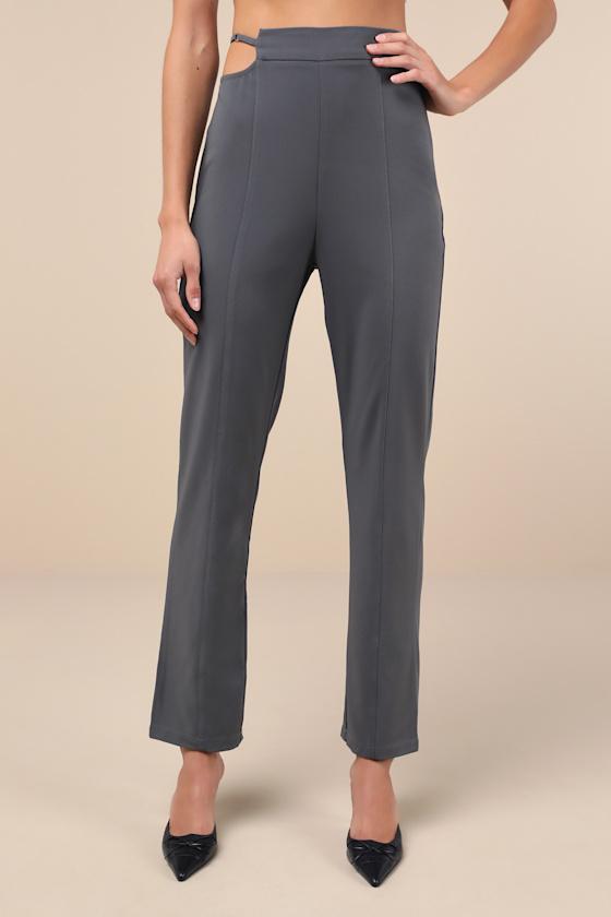 Polished Aura Dark Grey Cutout High-Rise Trousers Product Image