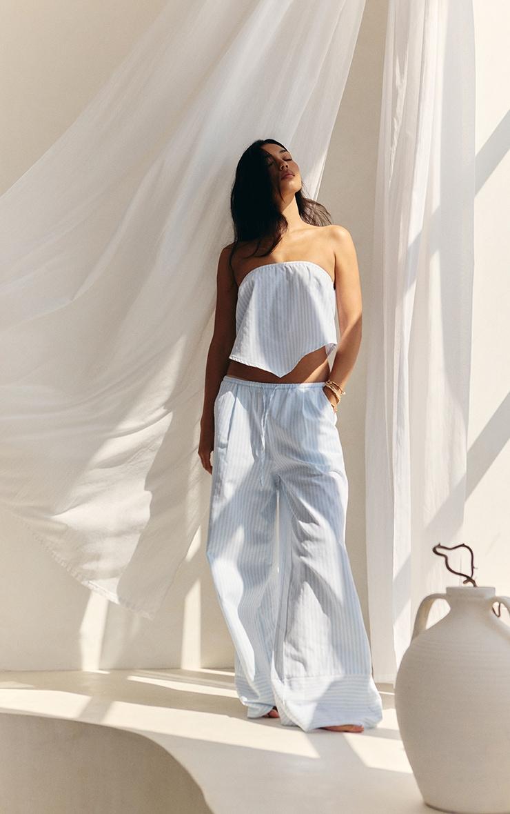 Blue Pinstriped Bandeau Dipped Hem Top Product Image