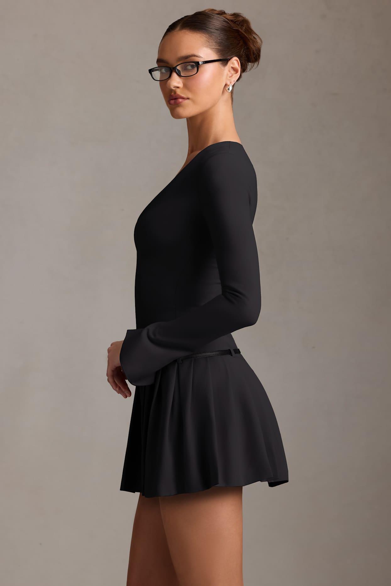Long-Sleeve Pleated Mini Dress in Black Product Image