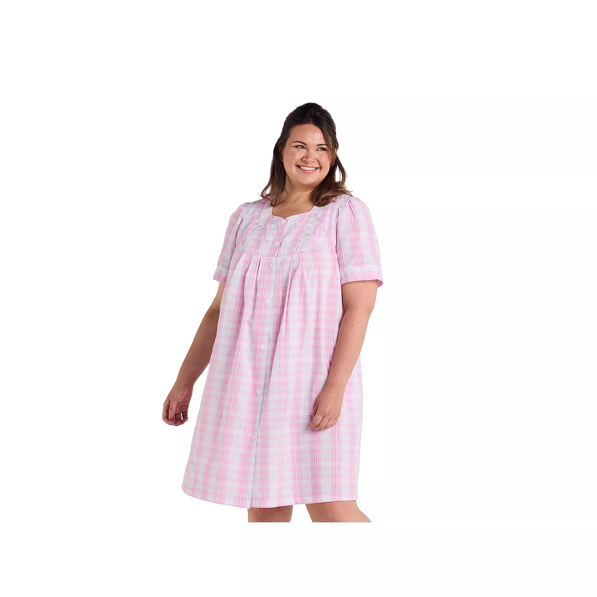 Plus Size Miss Elaine Essentials Seersucker Short Snap Robe, Women's, Size: 3XL, Pink Plaid Product Image