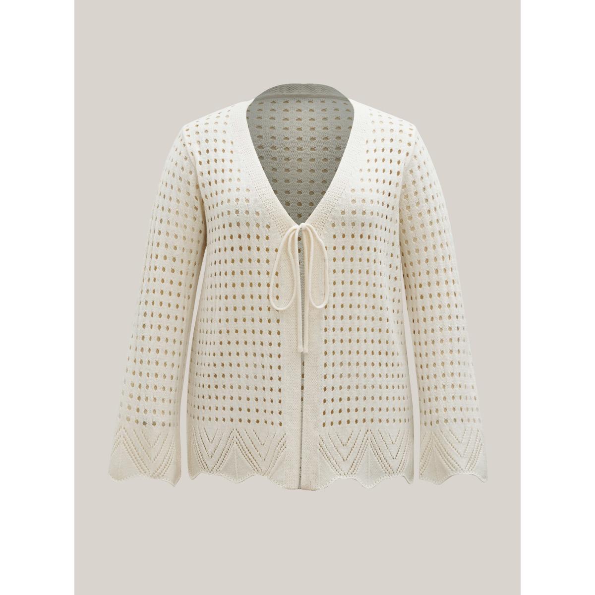 Plus Size Cut-Out Neck Tie Knit Cardigan Ivory Women Casual Loose Long Sleeve Everyday Cardigans BloomChic 22-24/3X Product Image