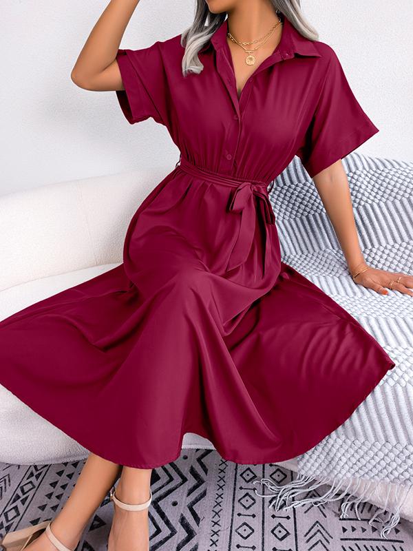 Loose Short Sleeves Solid Color Split-Joint Tied Waist Lapel Midi Dresses Shirt Dress Product Image