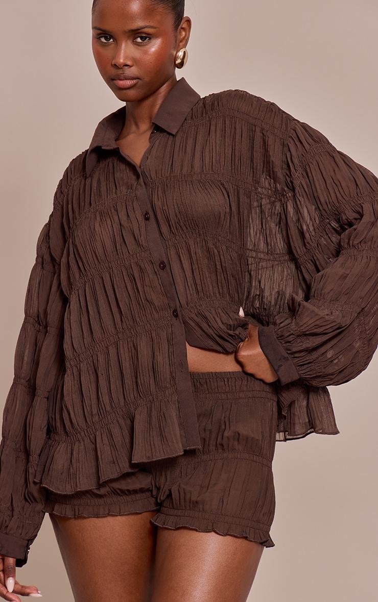 Dark Brown Chiffon Shirred Shirt Product Image