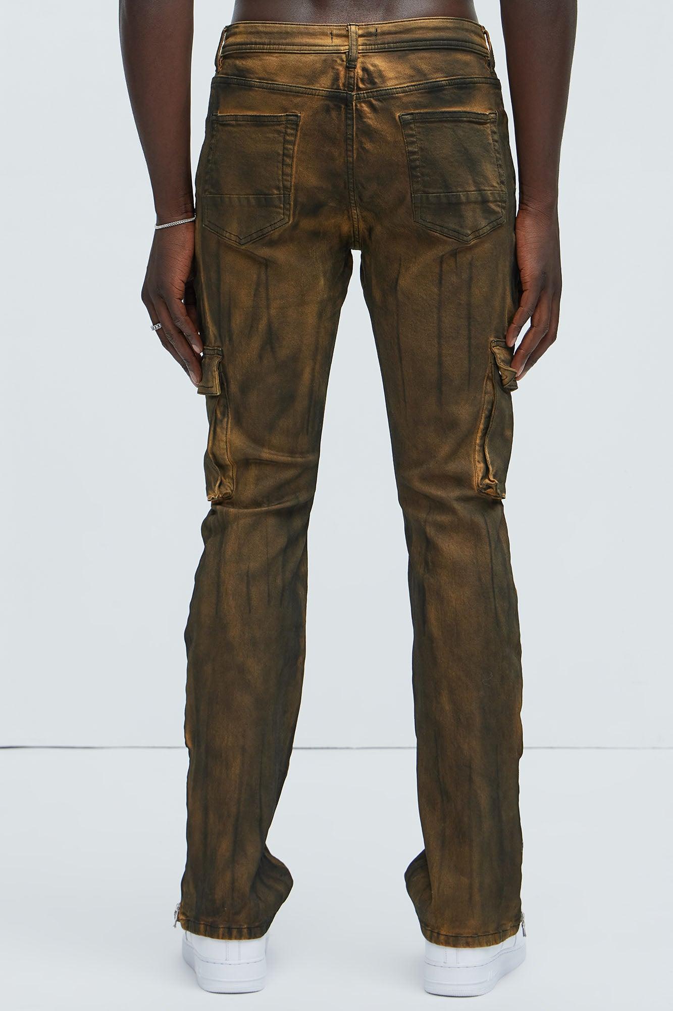 Pocket Me Cargo Stacked Skinny Zipper Flare Jeans - Brown Product Image