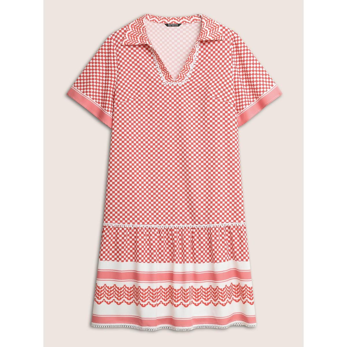 Plus Size Gingham Patchwork Lapel Collar Ruffle Sleeve Dress Raspberry Women Resort Non Lapel Collar Short sleeve Curvy Midi Dress BloomChic 28/5X Product Image