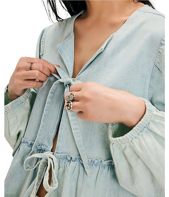 Free People Denim Brunch Babe V Neck Tie Front Long Sleeve Blouse Product Image