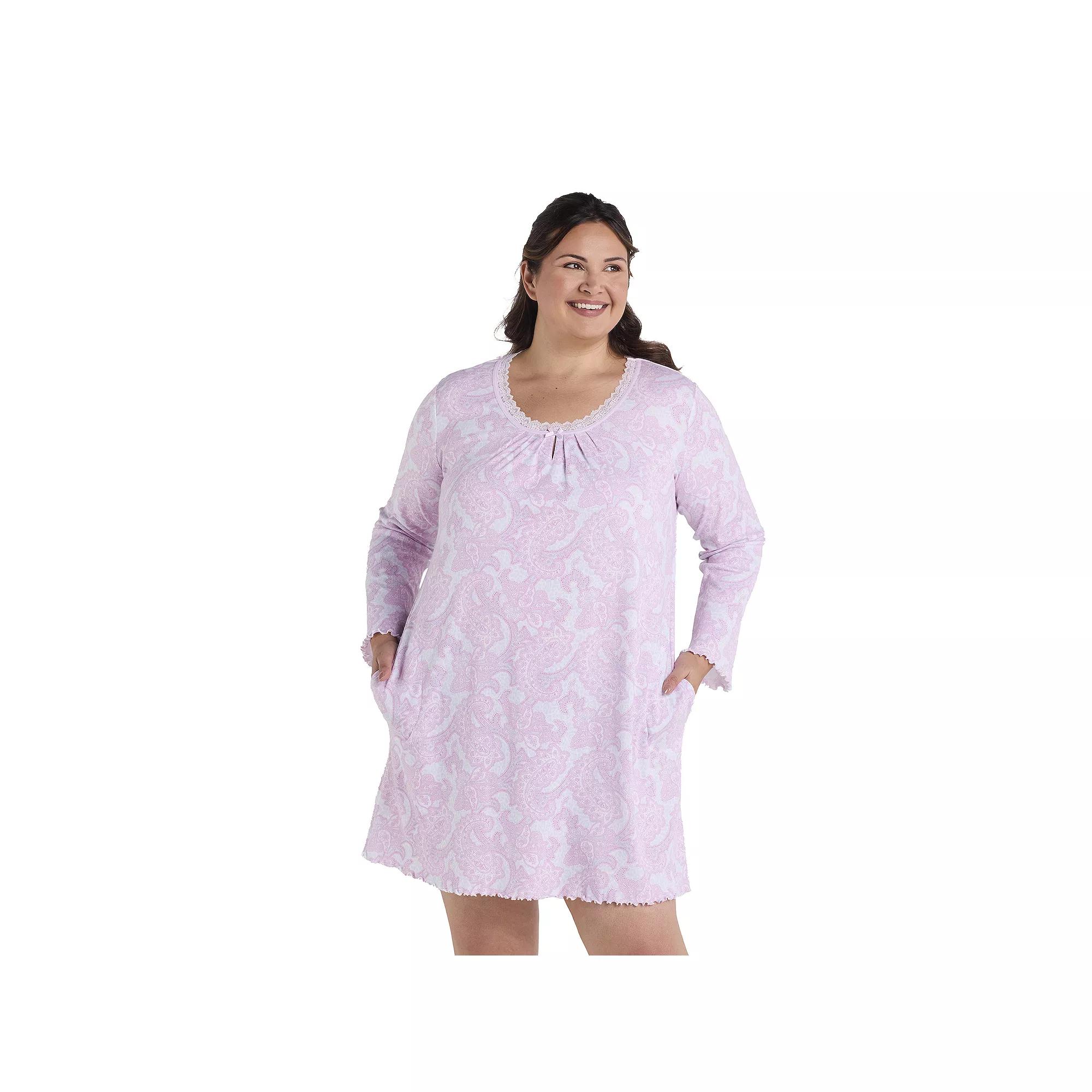 Plus Size Miss Elaine Essentials Cottonessa Long Sleeve Short Gown, Women's, Size: 2XL, Pink Paisley Product Image