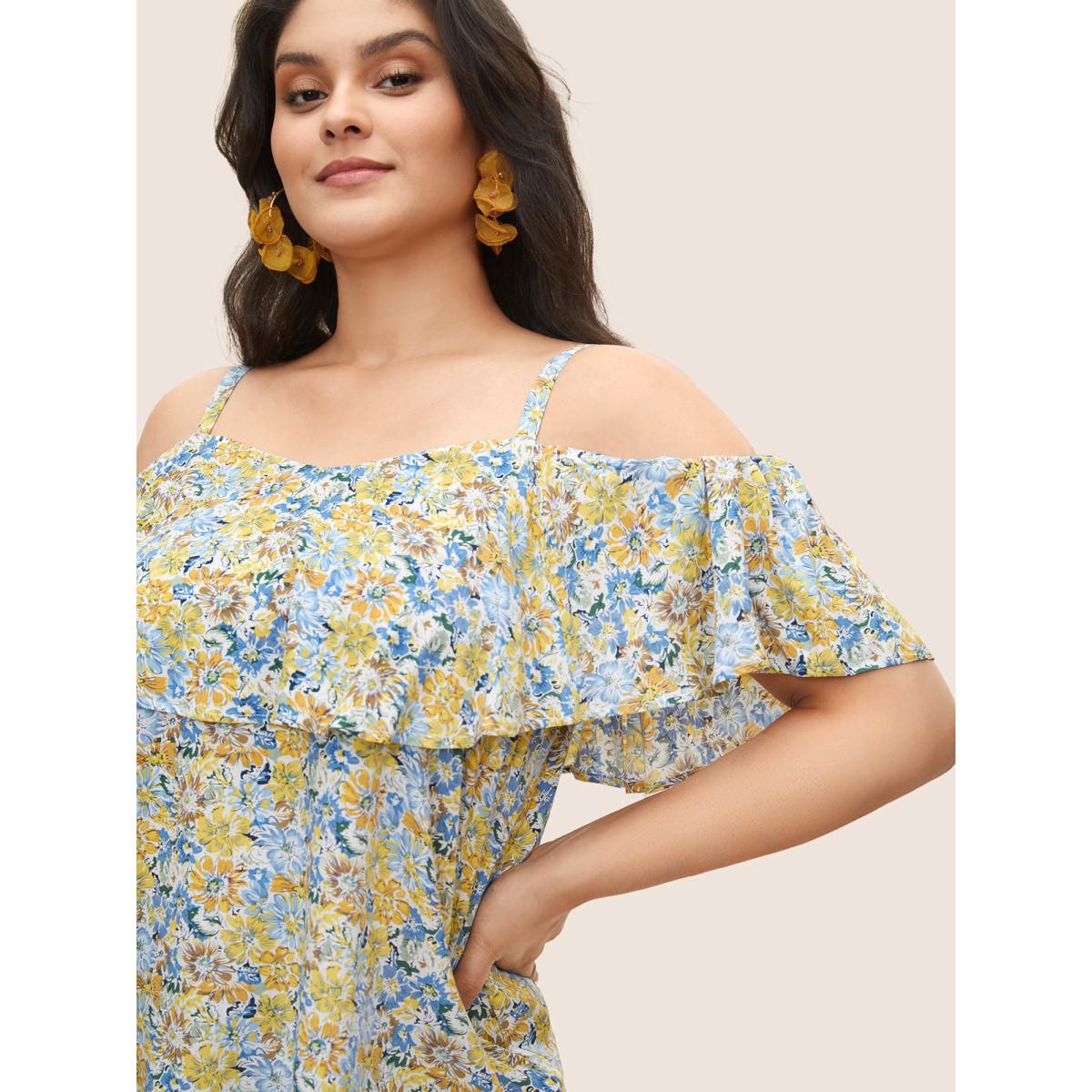 Plus Size Blue Floral One Shoulder Neck Adjustable Straps Blouse Women Resort Short sleeve One-shoulder neck Vacation Blouses BloomChic 26/4X Product Image