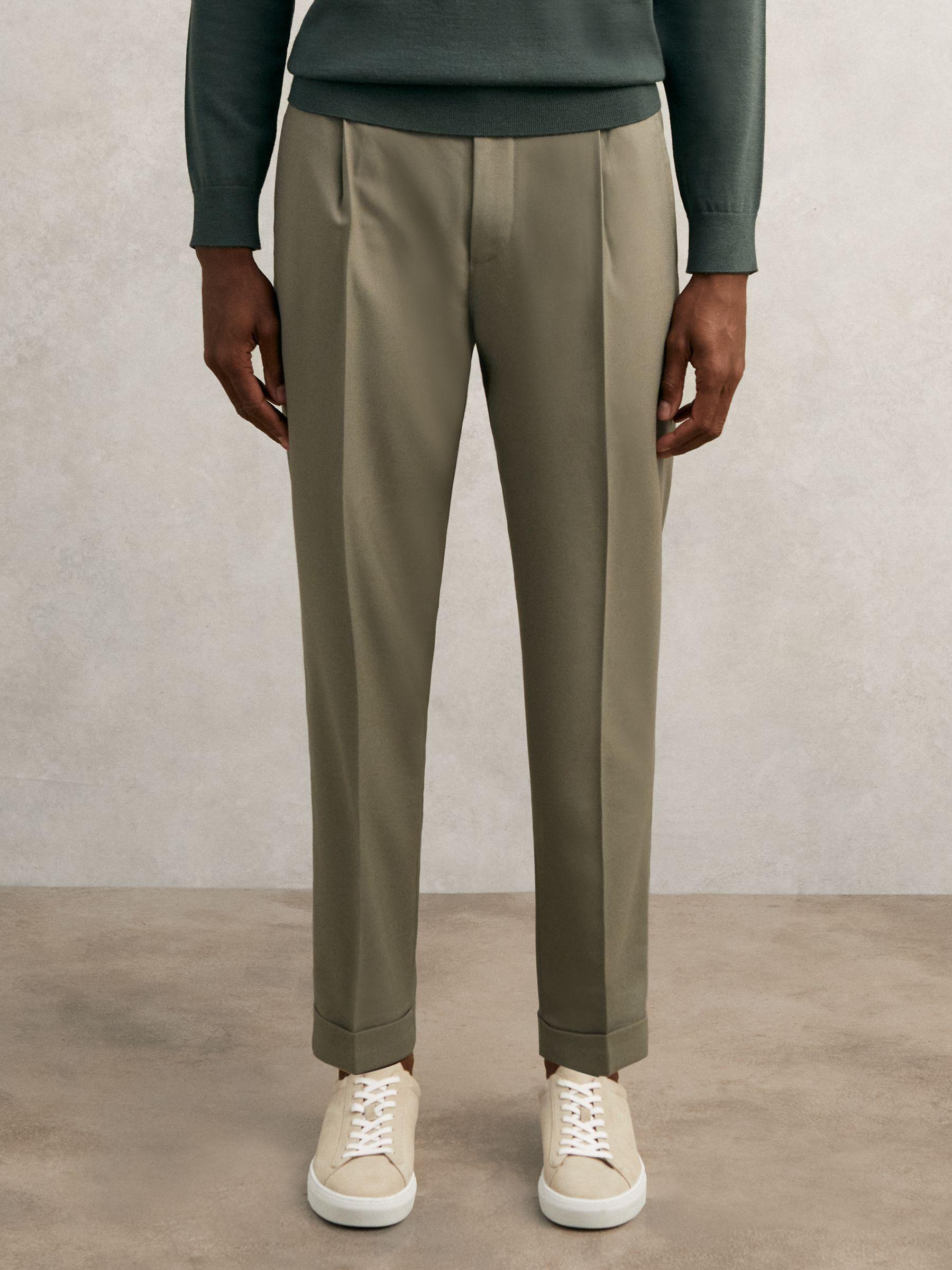 Relaxed-Fit Pleated Tapered Trousers in Sage Product Image
