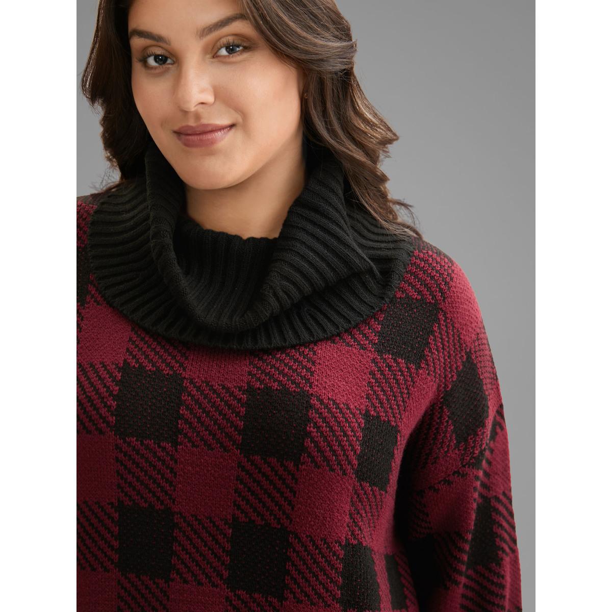 Plus Size Turtleneck Plaid Pattern Straight Fit Pullover Scarlet Women Casual Loose Long Sleeve Turtleneck Everyday Pullovers BloomChic 12/L Product Image